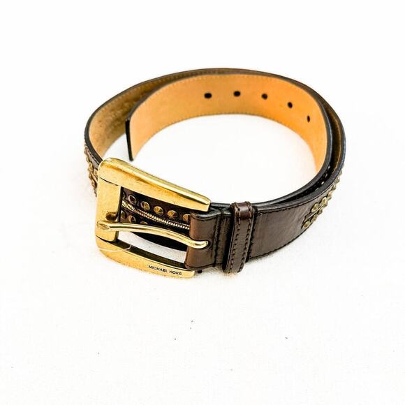 MIchael Kors Studded Brown Leather Belt Brass Accents Size Small - Picture 5 of 7